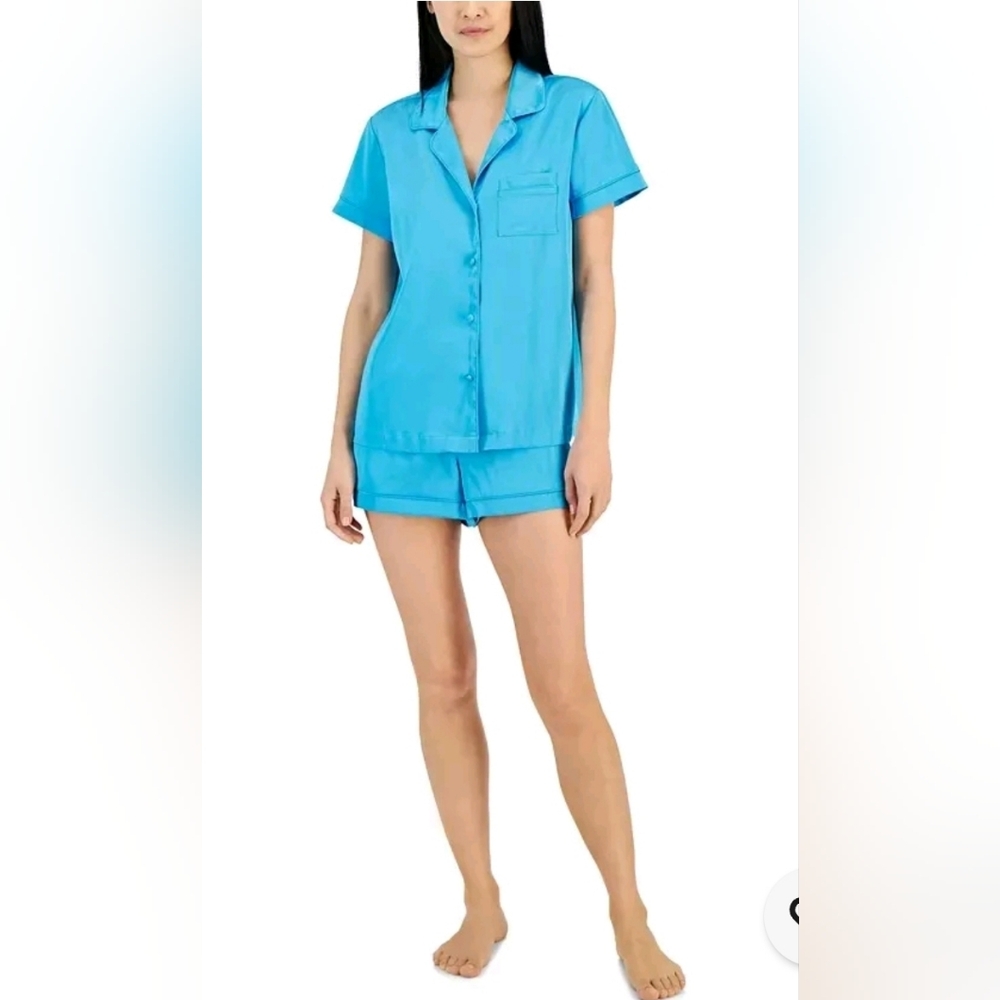 NWT I.N.C. 2-Pc. Stretch Satin Notch Collar Pajamas Set - Cyan Blue SZ XXL